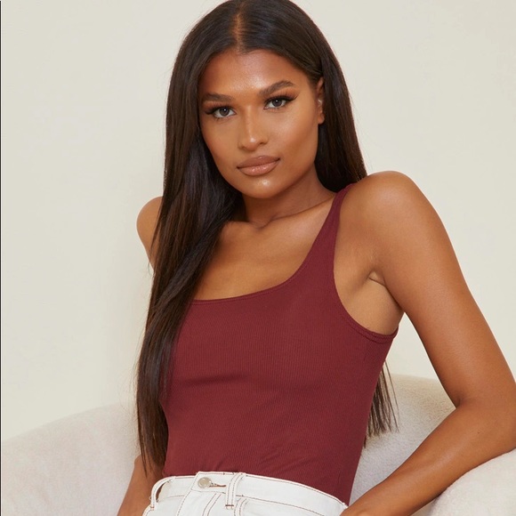 Chocolate Square Neck Rib Sleeveless Bodysuit - Picture 1 of 4